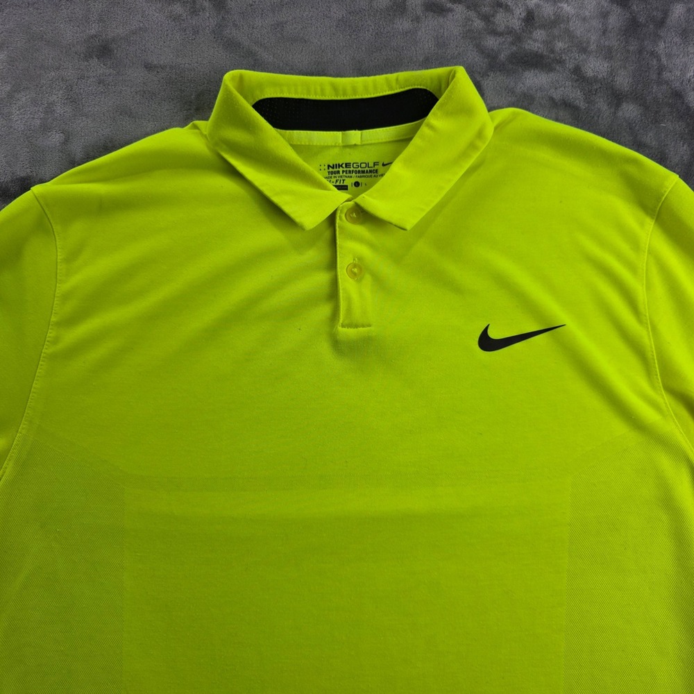 Nike Golf Polo Shirt Mens Large Lime Green Dri-FIT Tour Performance Rugby Logo - Picture 2 of 10